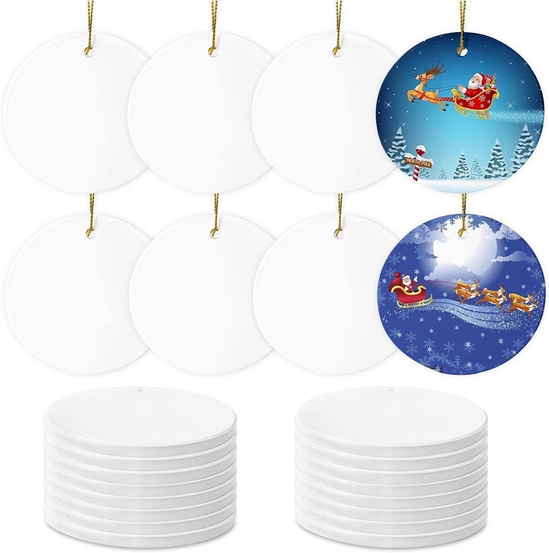 AMONE Sublimation Ceramic Ornaments - Bulk White Round Porcelain Ornament Blanks for Heat Press Printing - Personalized Xmas Tree Keepsake Crafts Gift Christmas Decorations - Image 1
